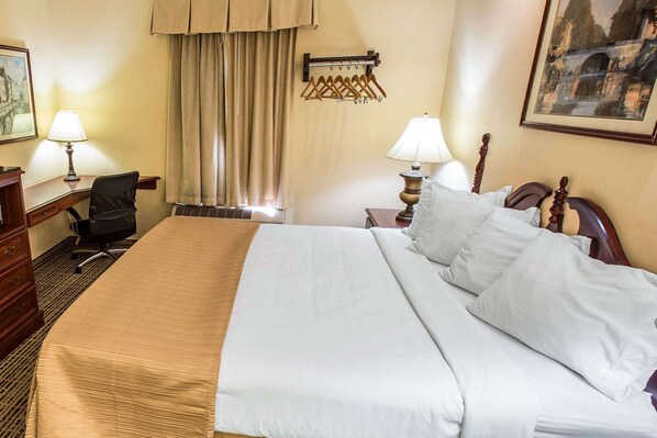 Habitación de hotel con una cama grande, dos mesitas de noche con lámparas, una silla, un escritorio, un aparador, una ventana con cortinas y un perchero en la pared.