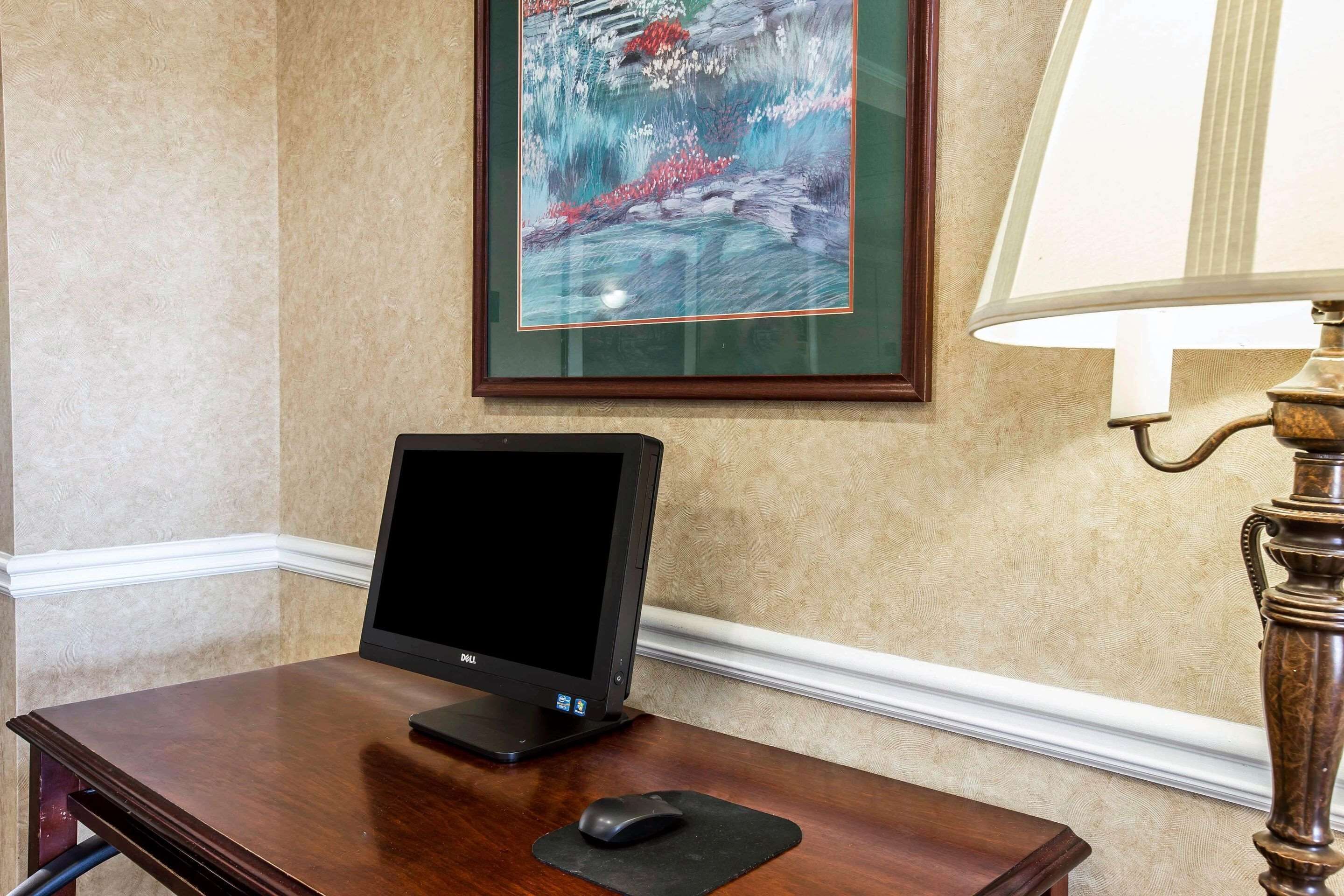 A wooden desk with a Dell monitor, a black mouse, and a framed painting on the wall.