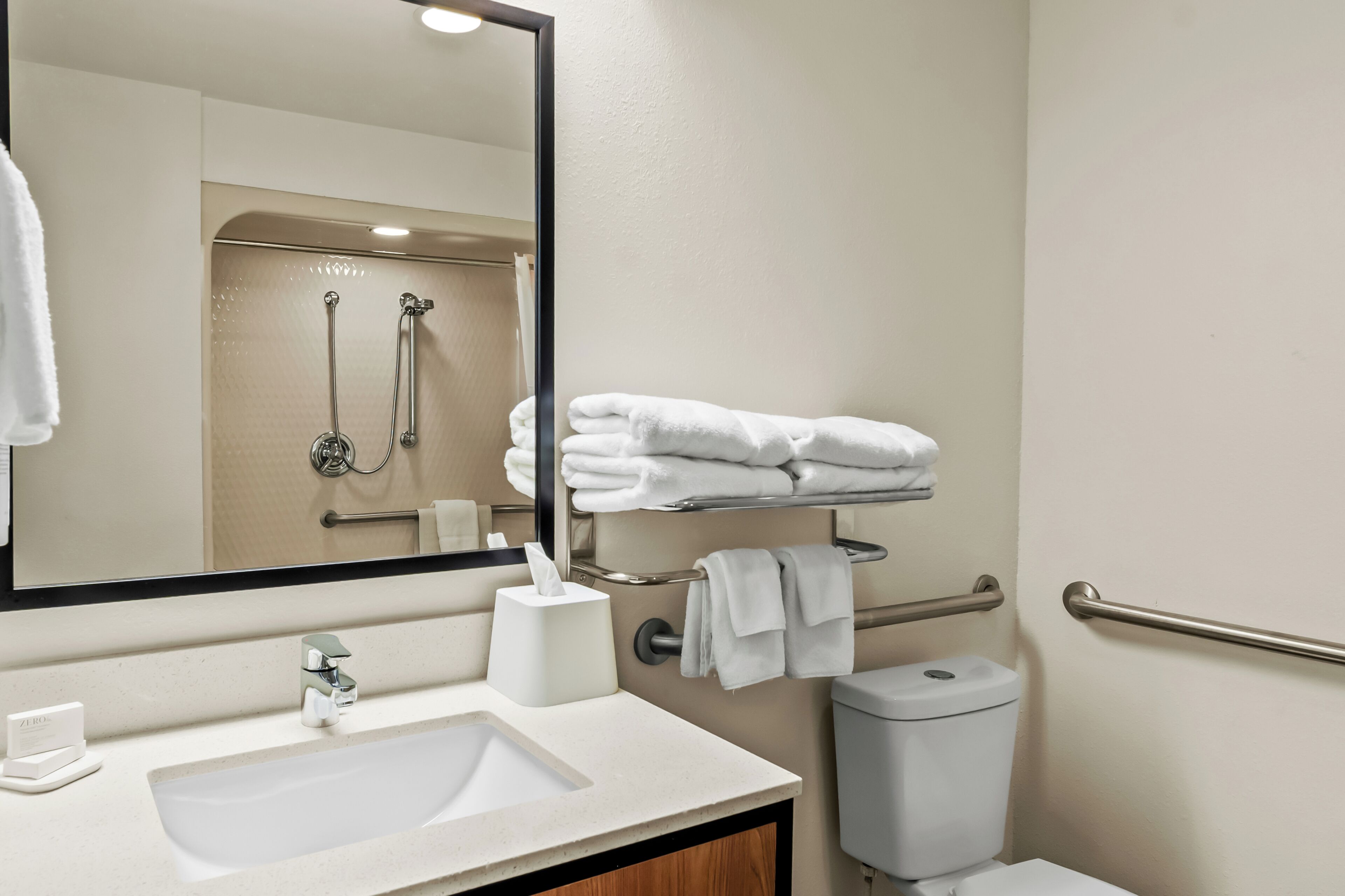 Camera, 1 letto king, accessibile ai disabili (Mobility & Hearing, Roll-in Shower) | Bagno | Doccia, set di cortesia gratuito, asciugacapelli, asciugamani