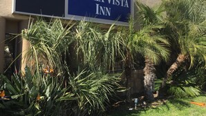 Schild für das Chula Vista Inn mit freiem Blick auf das Gebäude und die umliegenden Palmen.