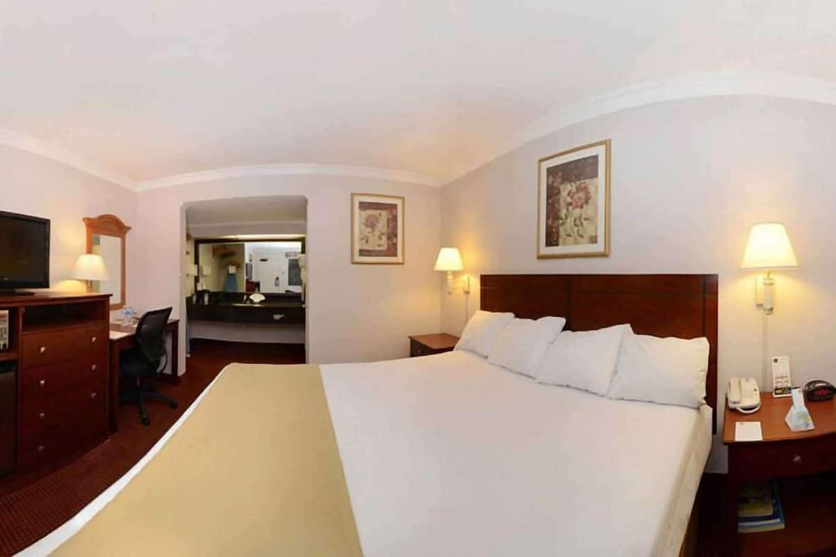 A hotel room with a large bed, bedside lamps, a TV, and a desk with a chair.