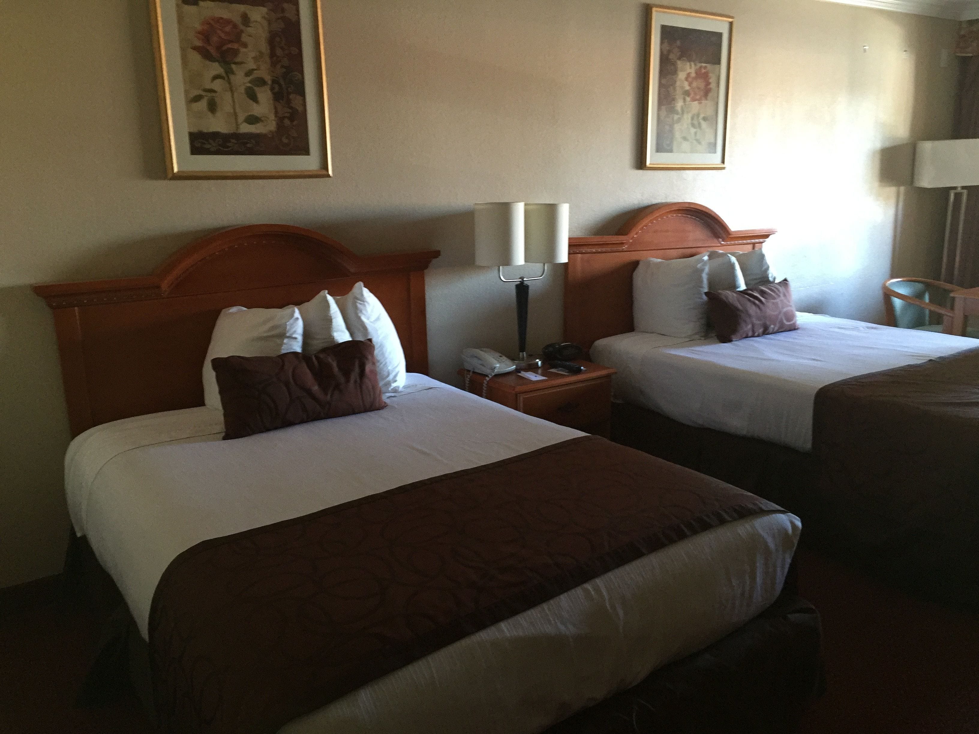 A hotel room with two beds, a nightstand, a lamp, and framed artwork on the walls.