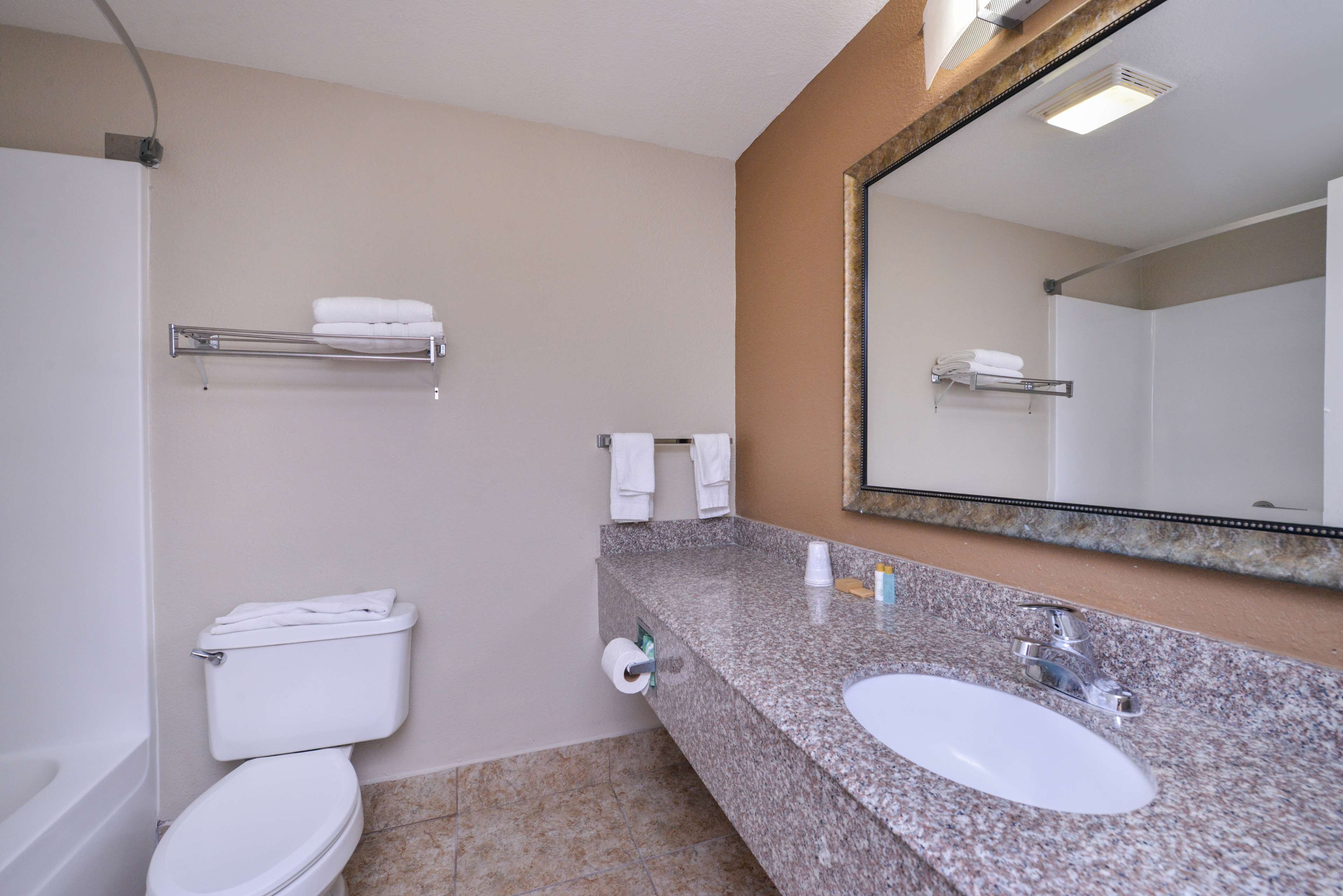 A bathroom with a white toilet, a sink with a granite countertop, a mirror, and a towel rack.