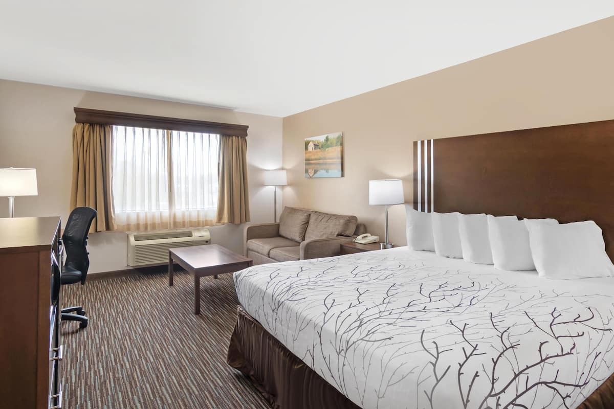 A hotel room with a large bed, a desk, a chair, a sofa, and a window with curtains.