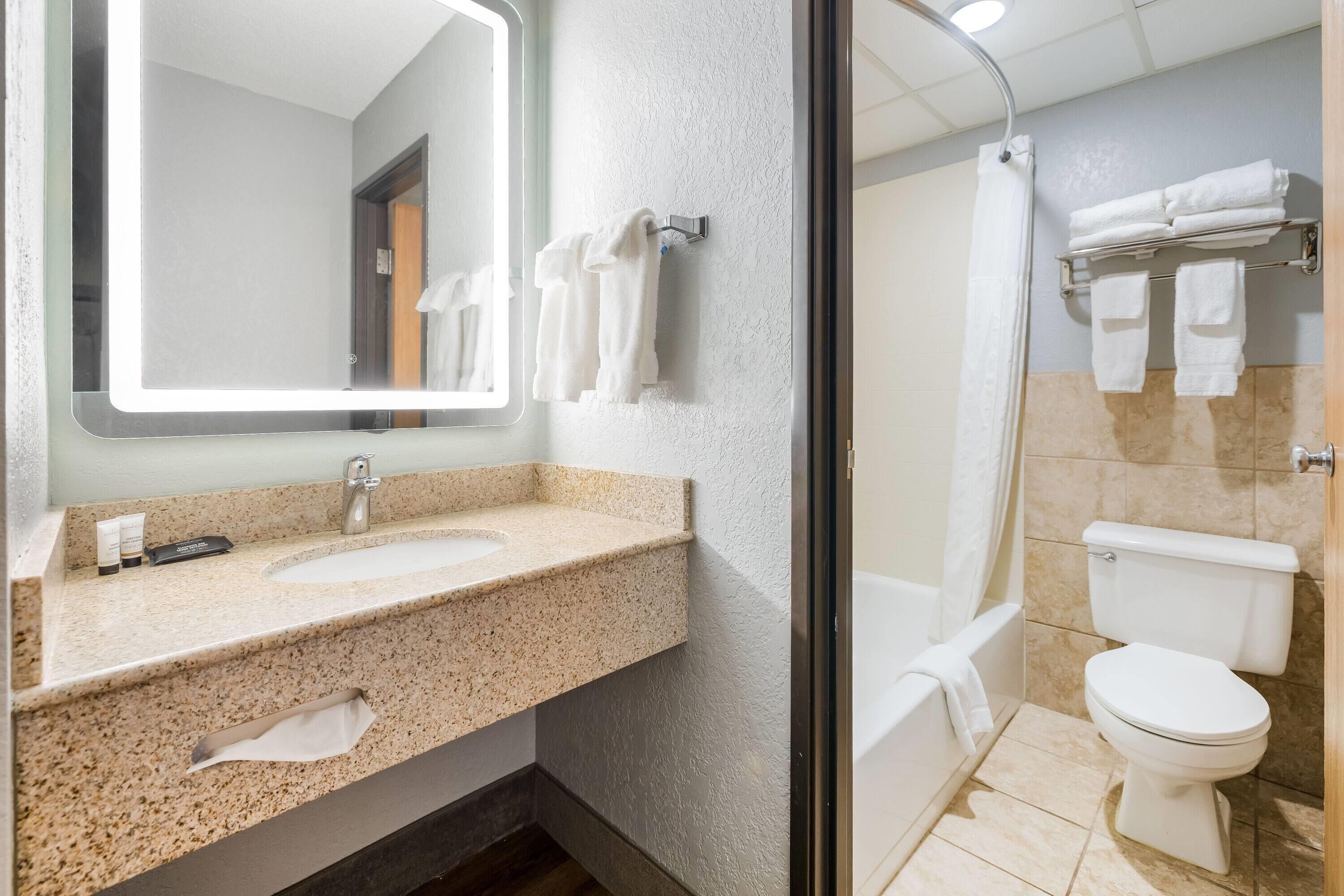 Un baño con lavamanos de encimera de granito, espejo, ducha e inodoro.