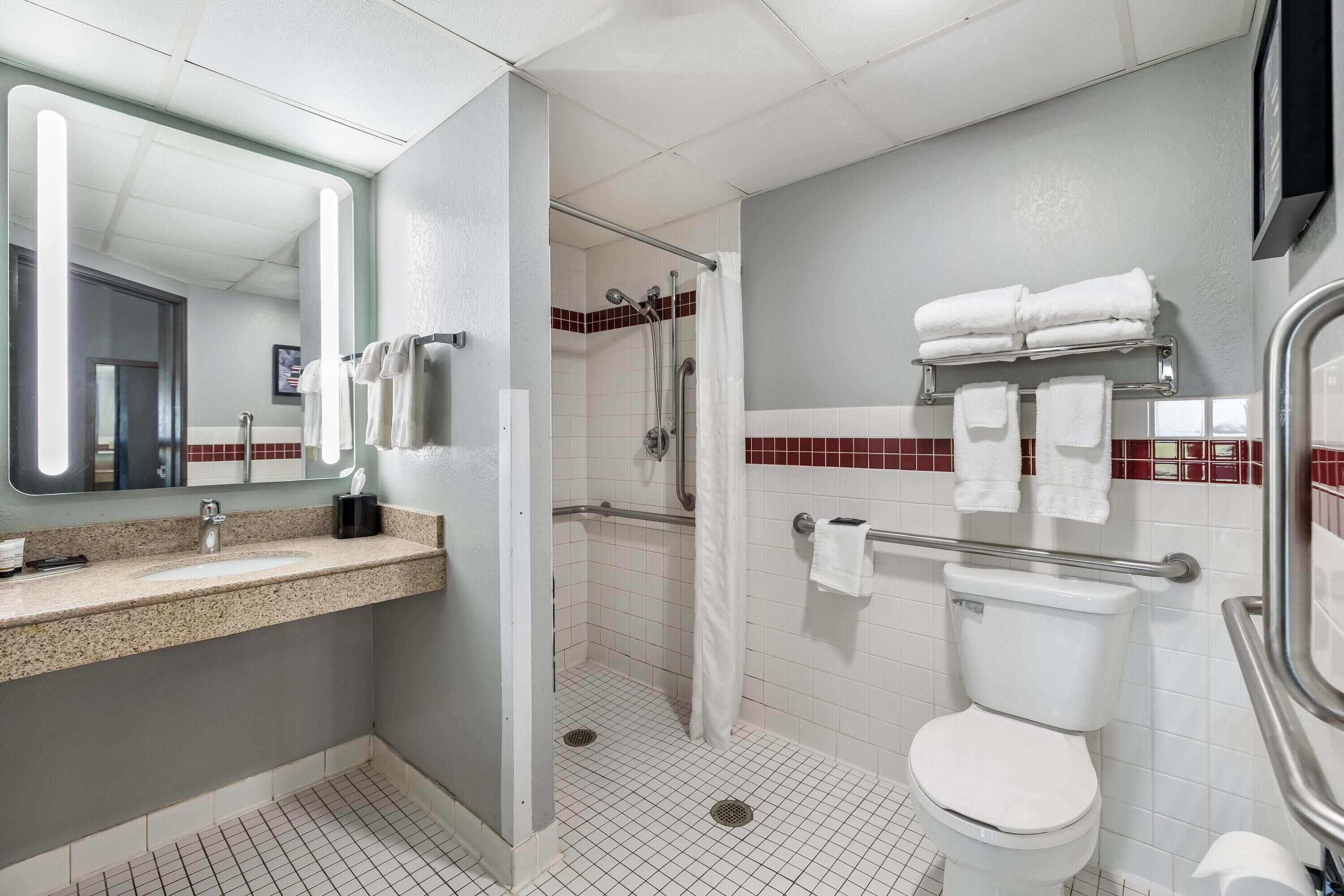 Een hotelbadkamer met een wastafel, spiegel, toilet, douche en handdoekhouder.