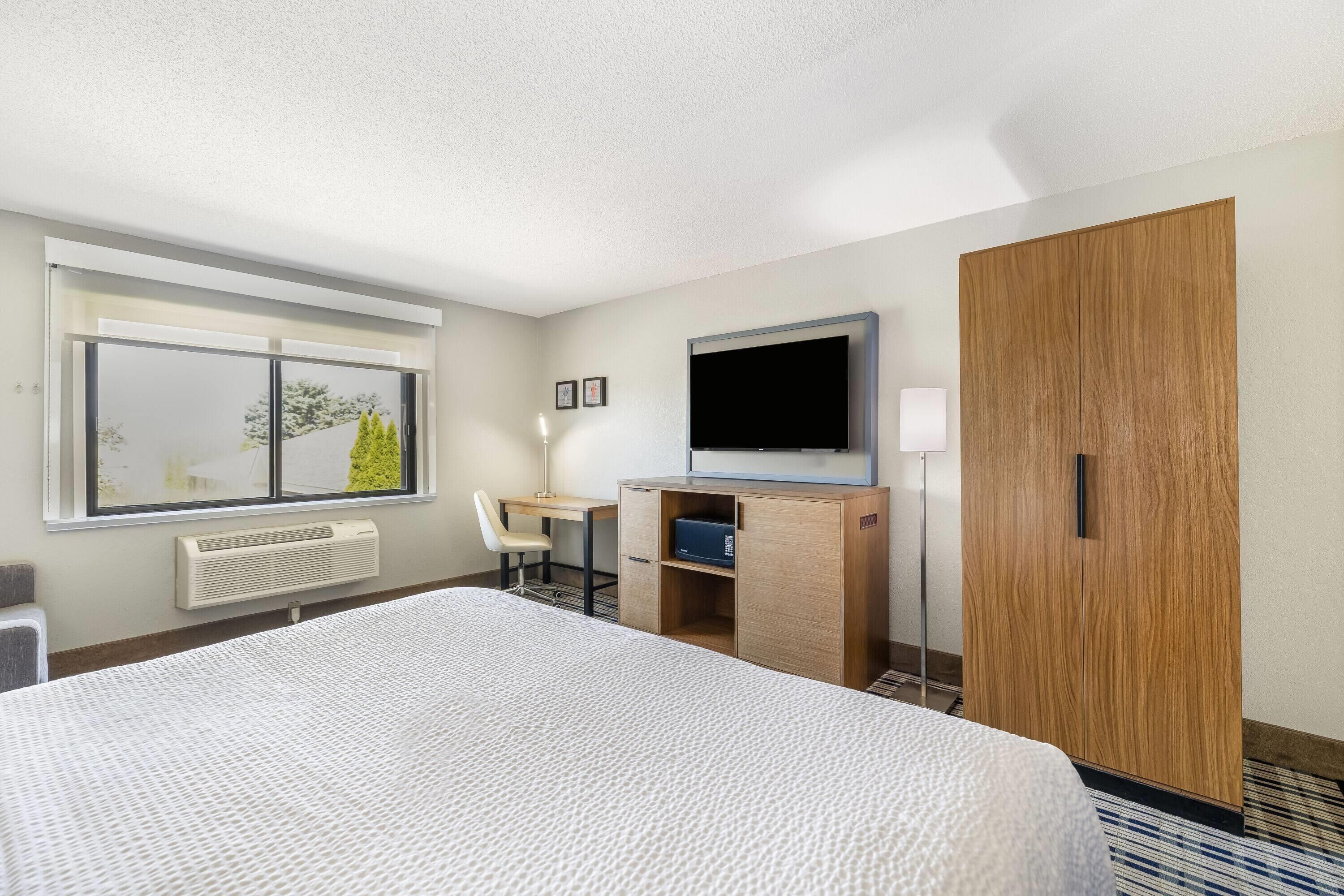 Quarto de hotel com cama, escrivaninha, televisão, guarda-roupa e janela com vista para árvores.