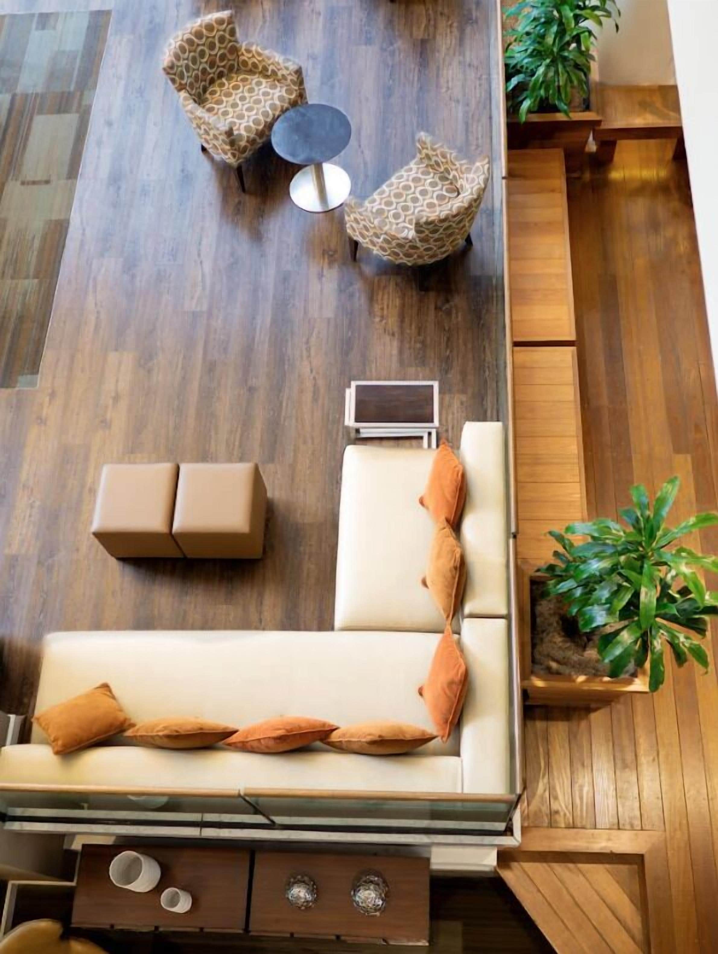 A modern lounge area with a sofa, two armchairs, a small table, and a potted plant.