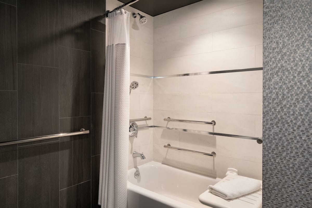 A modern bathroom with a shower, a bathtub, and a toilet.