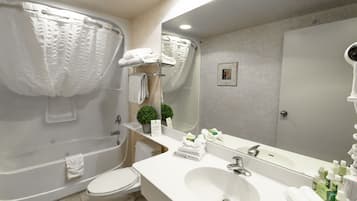 Combined shower/tub, free toiletries, hair dryer, towels