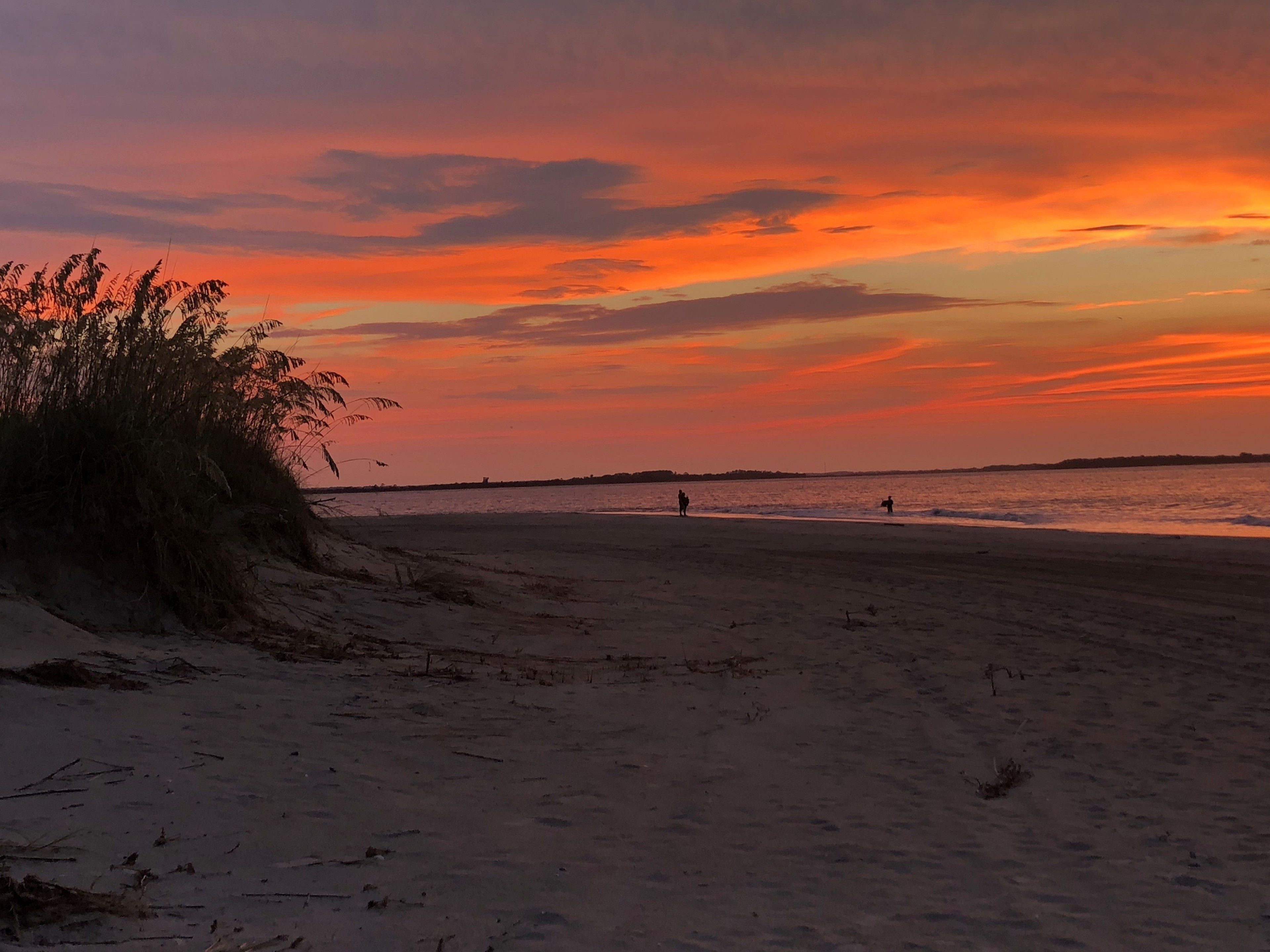 A beach at sunset with a clear sky and silhouettes of people and a dog.