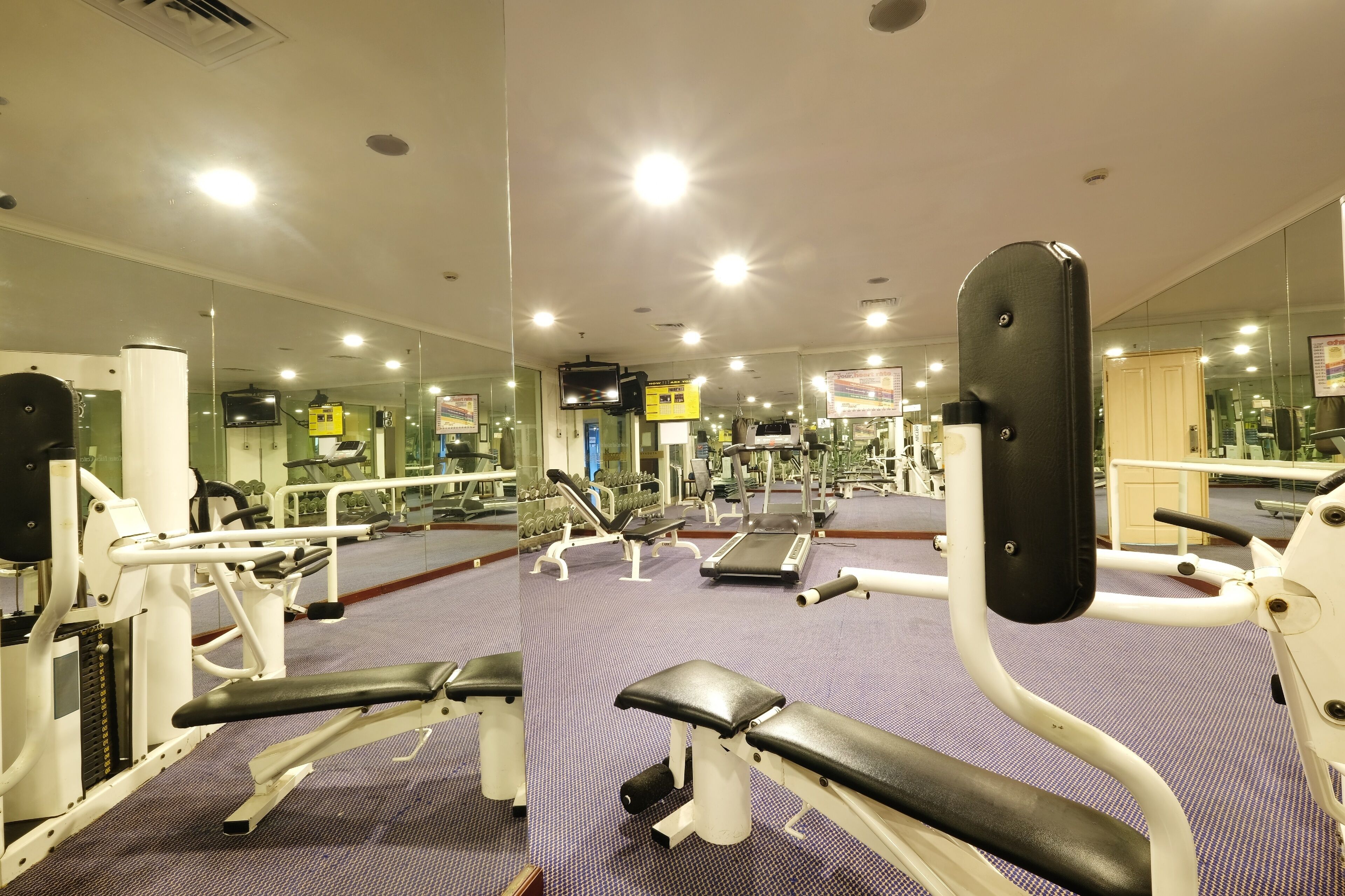 A gym with various exercise equipment, mirrors, and a purple carpeted floor.