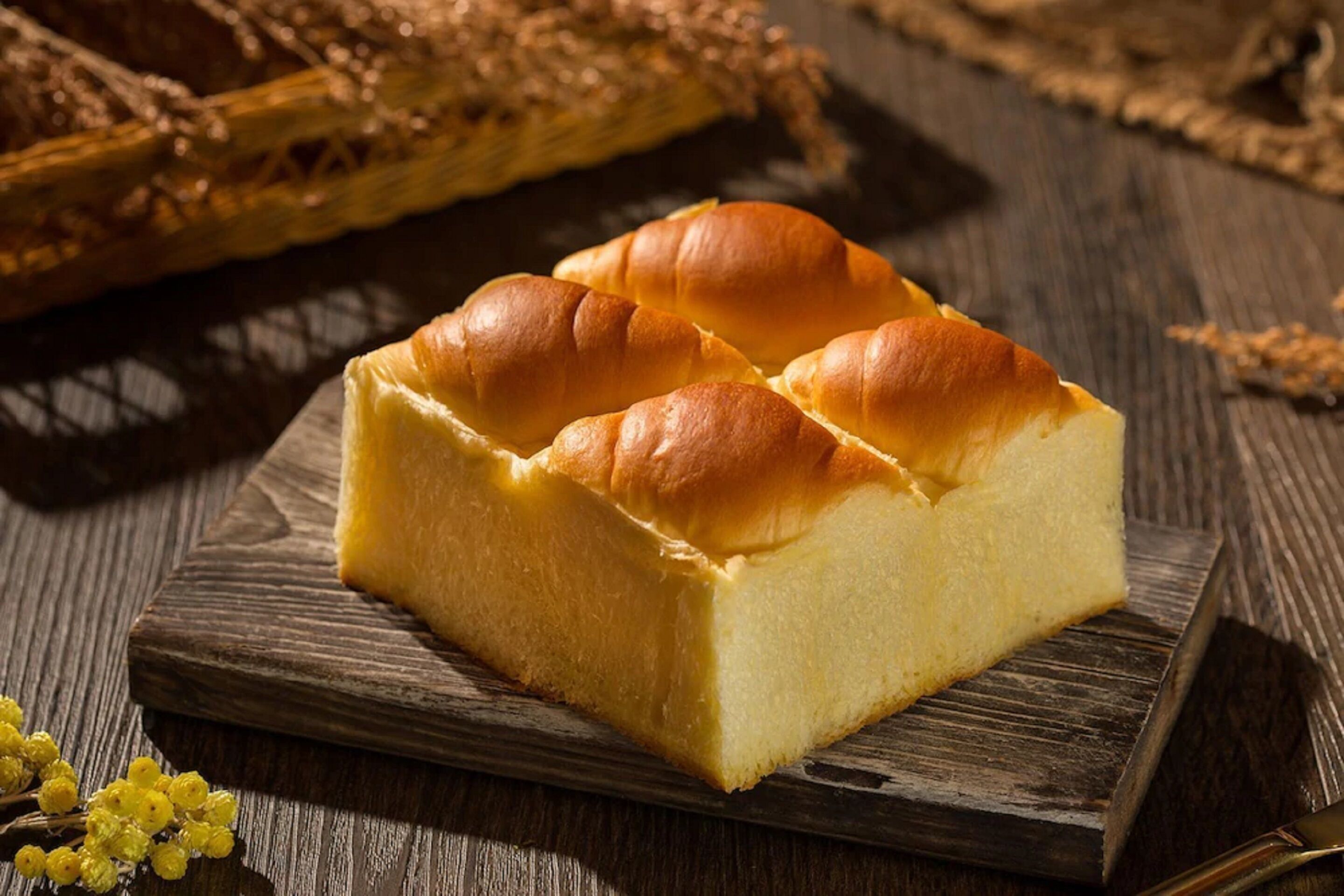 A loaf of bread on a wooden board.
