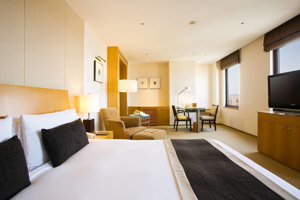 A hotel room with a large bed, a desk, a chair, a television, and a view of the city.