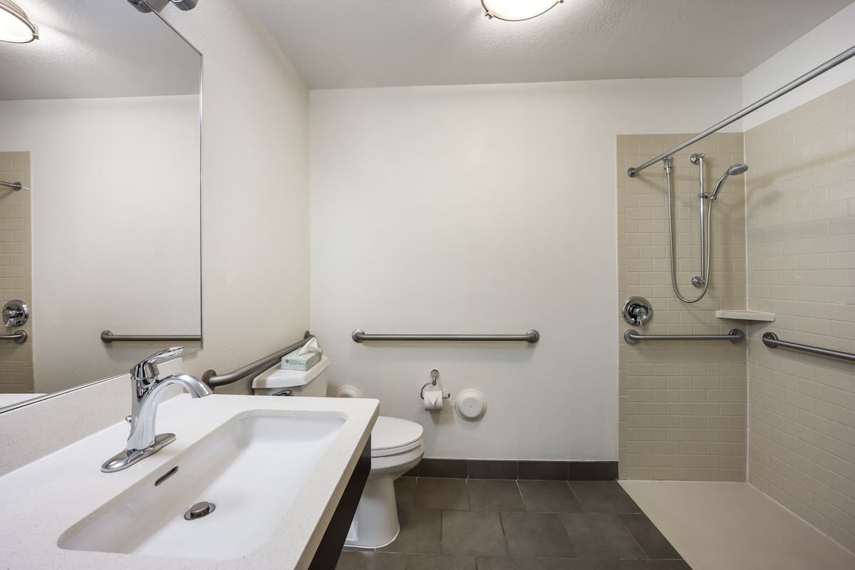 studio suite, 1 queen bed, accessible (mobility roll in shower) | bathroom | hair dryer, towels