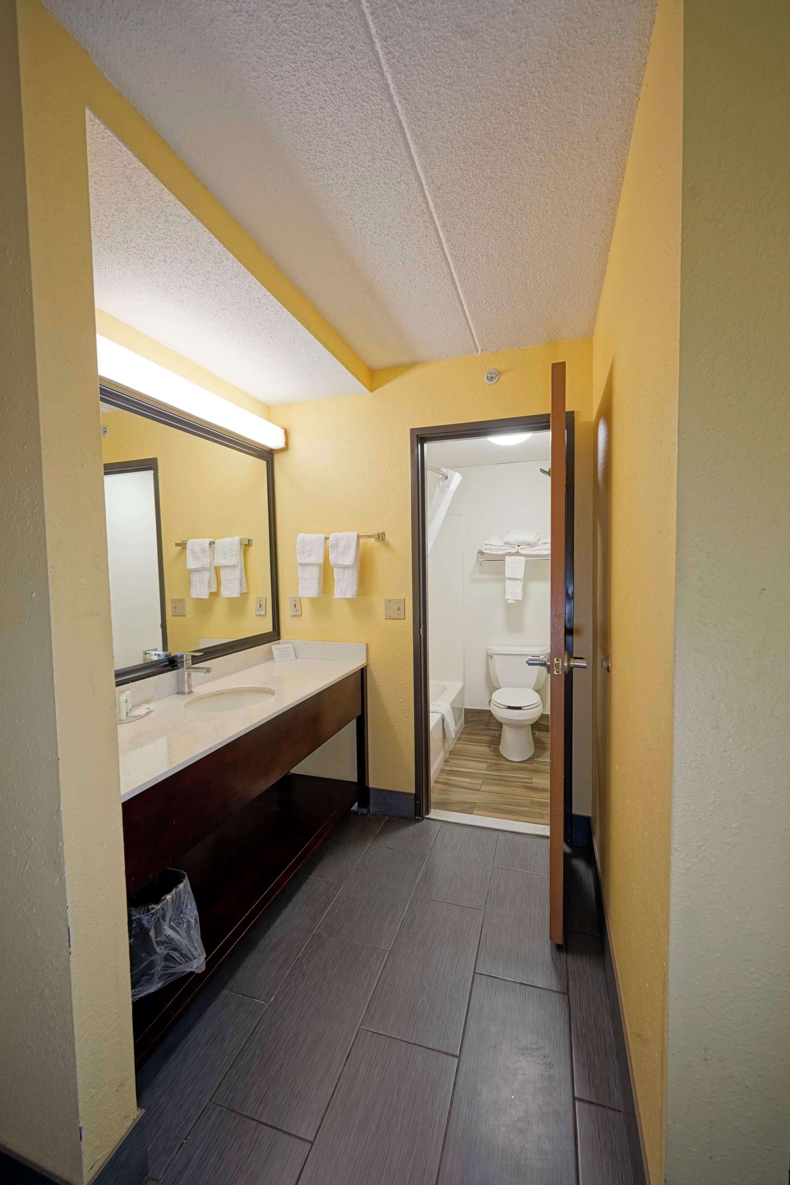 Un baño de hotel con un espejo grande, un lavamanos y un inodoro.