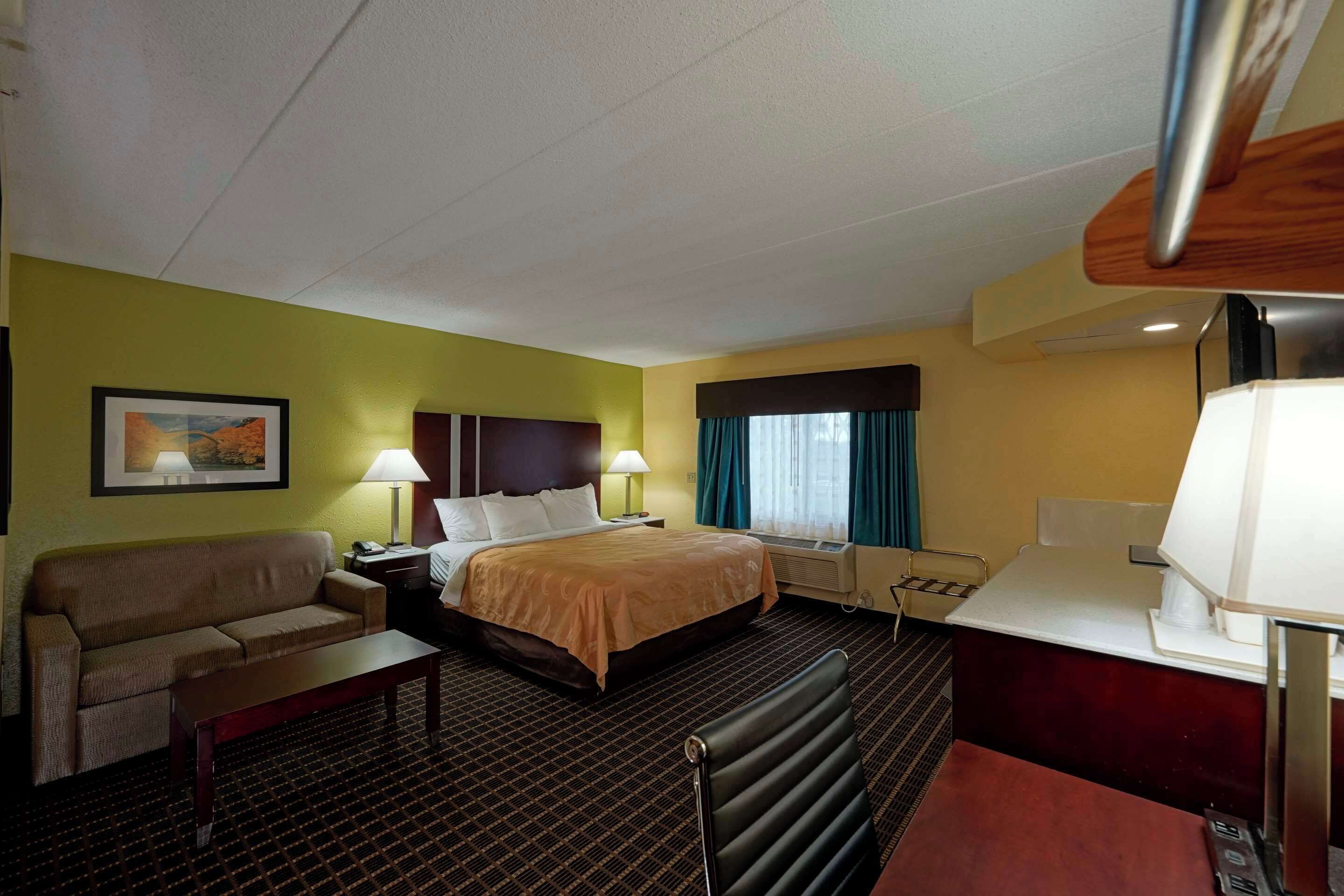 A hotel room with a bed, a sofa, a desk, and a chair.