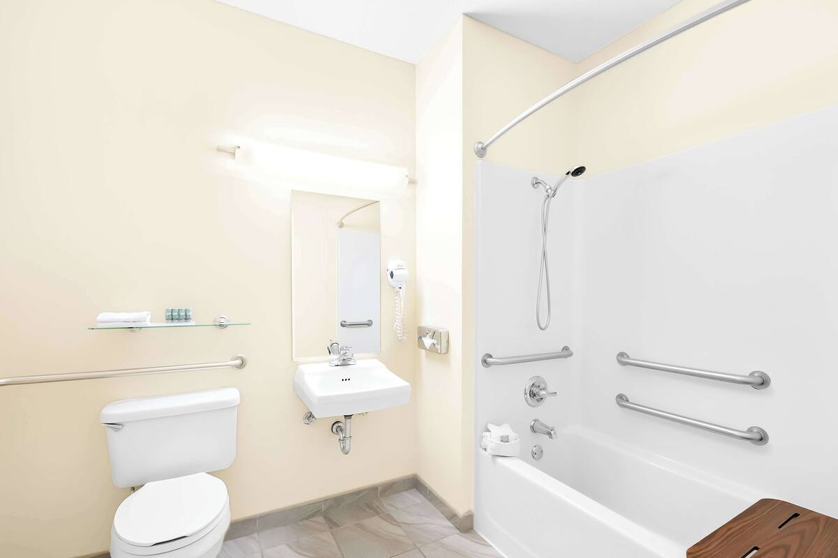 standard room, 1 king bed, accessible, non smoking | bathroom | free toiletries, hair dryer, towels, soap