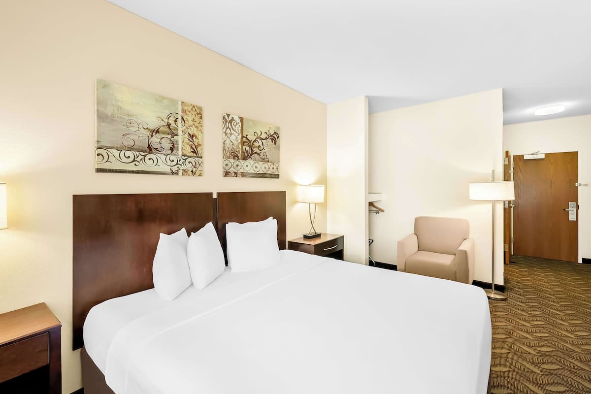 Hypo-allergenic bedding, desk, laptop workspace, blackout drapes