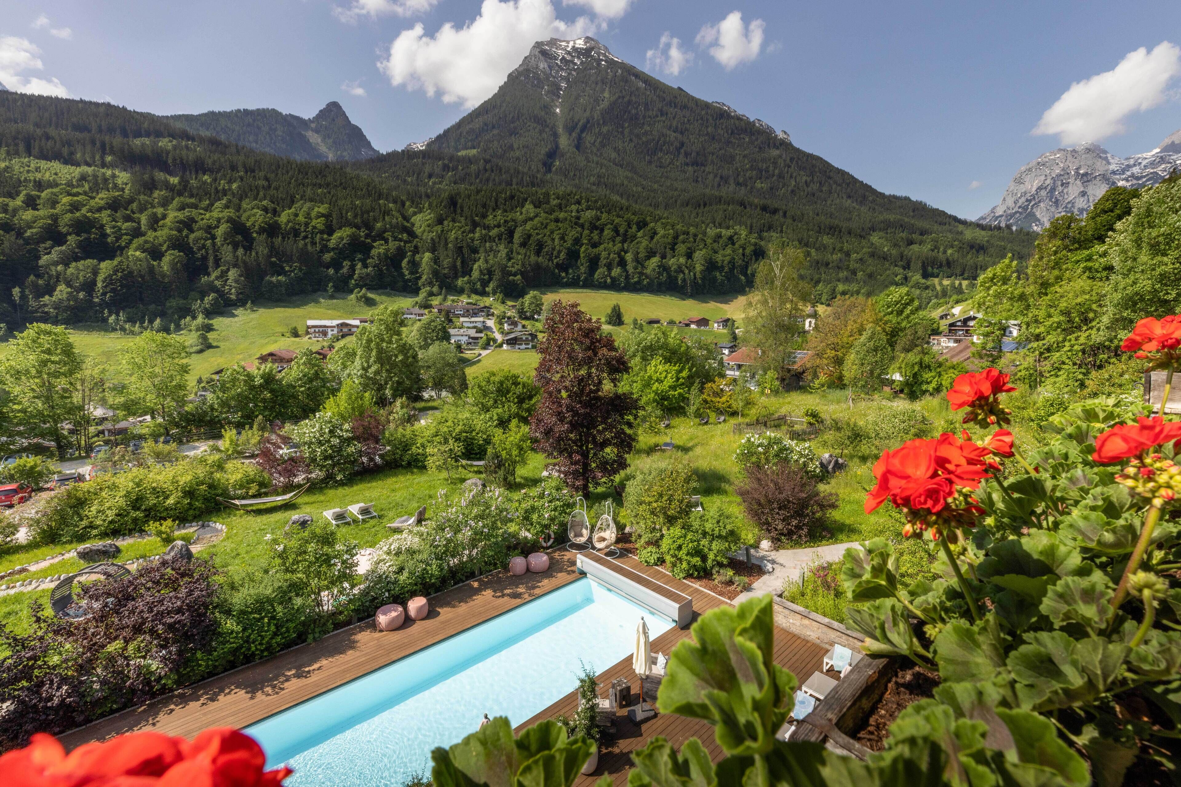 Ein Pool mit Holzterrasse, umgeben von Grünpflanzen und roten Blüten.