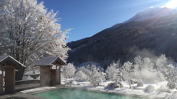 A pool area with wooden deck, surrounded by snow-covered trees and a mountain backdrop.