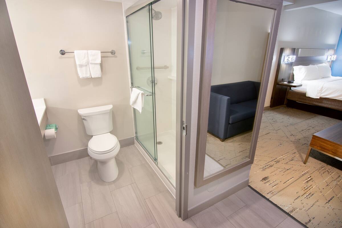 A modern bathroom with a glass shower enclosure, a toilet, and a glass door leading to a bedroom with a bed and a nightstand.