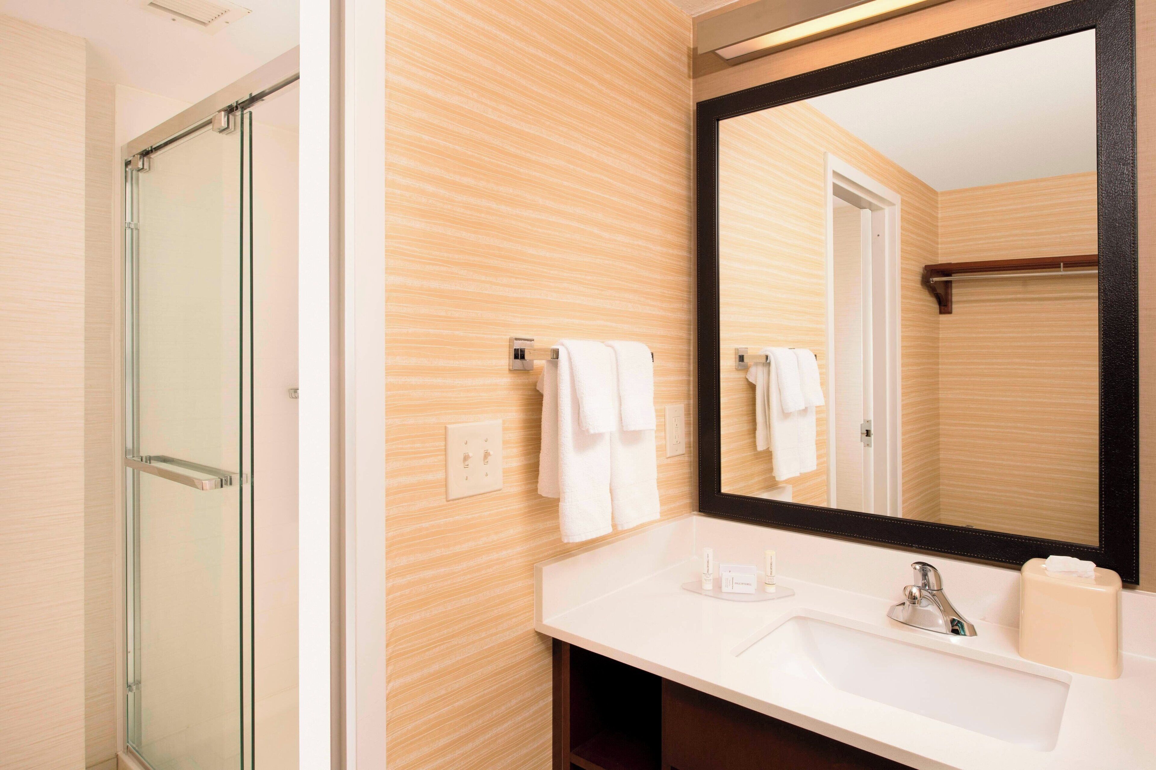 free toiletries, hair dryer, towels