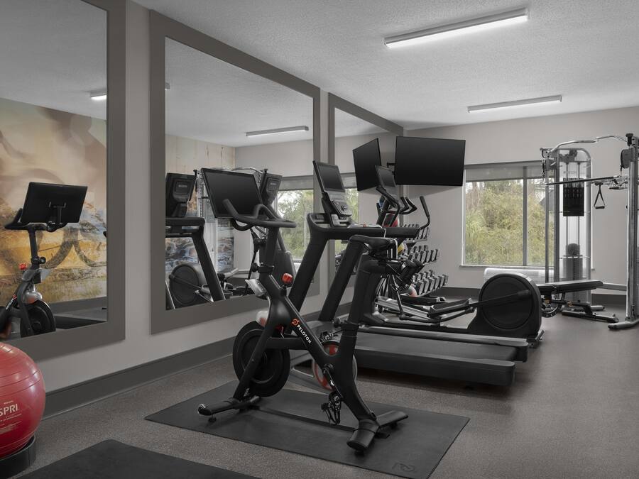 A gym with exercise equipment, a red exercise ball, and large windows.