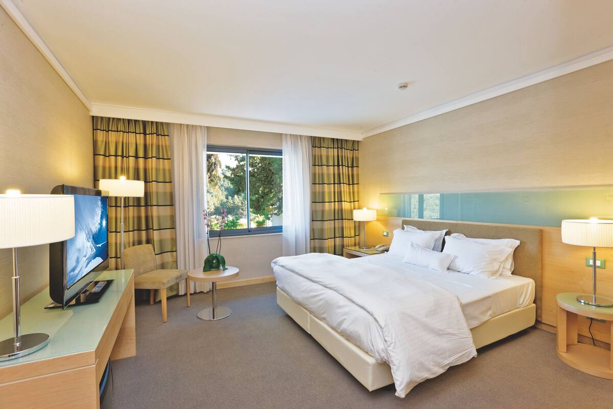 Habitación de hotel con una cama grande, televisión, escritorio con lámpara y ventana con cortinas.