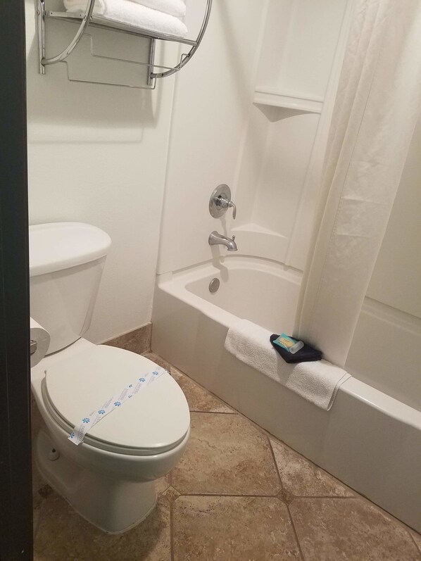 A bathroom with a toilet, a bathtub, and a towel rack.