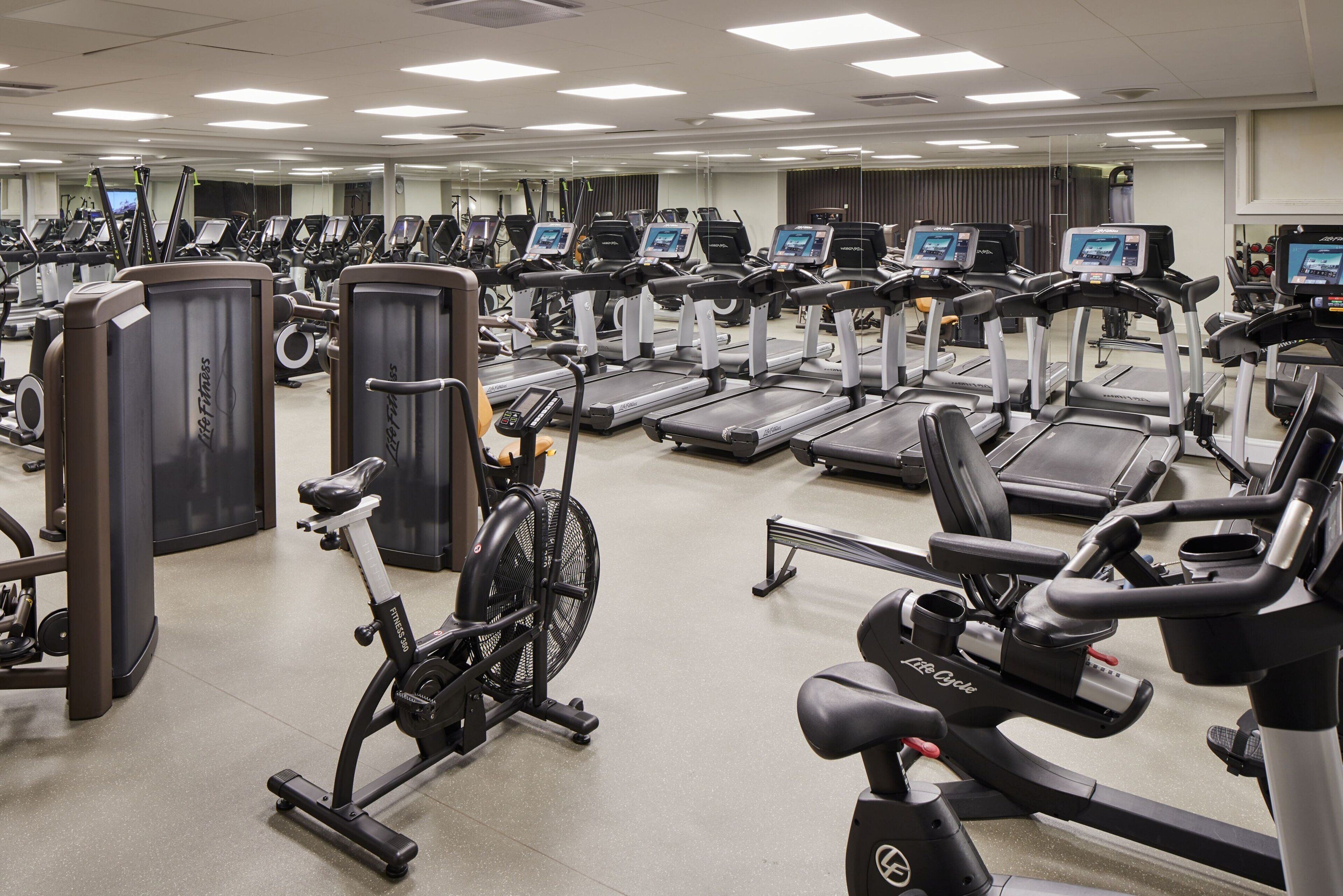 A gym with various exercise machines, including treadmills and stationary bikes.