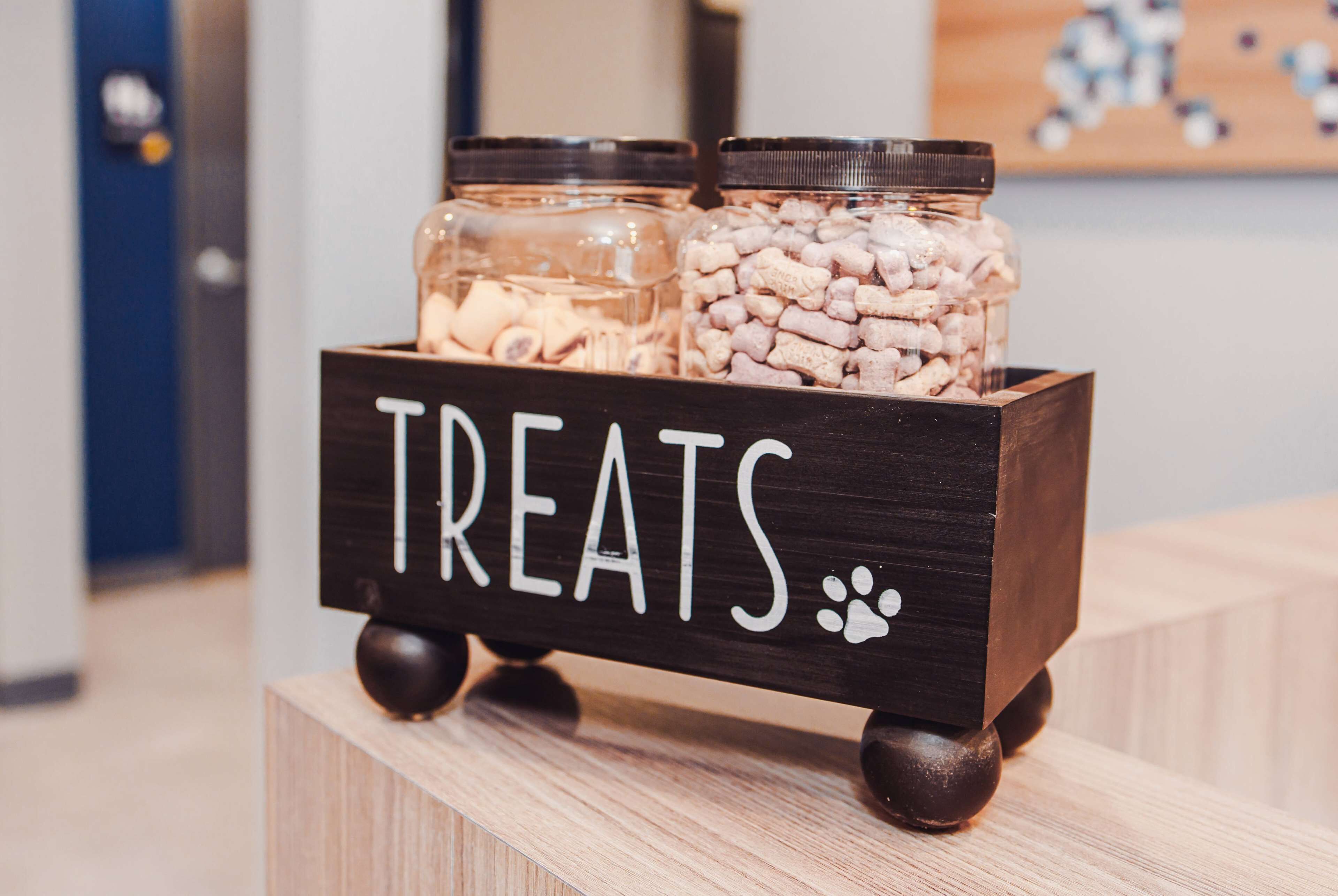 Un carrito de madera con el rótulo "TREATS" y dos frascos de vidrio llenos de golosinas para perros.