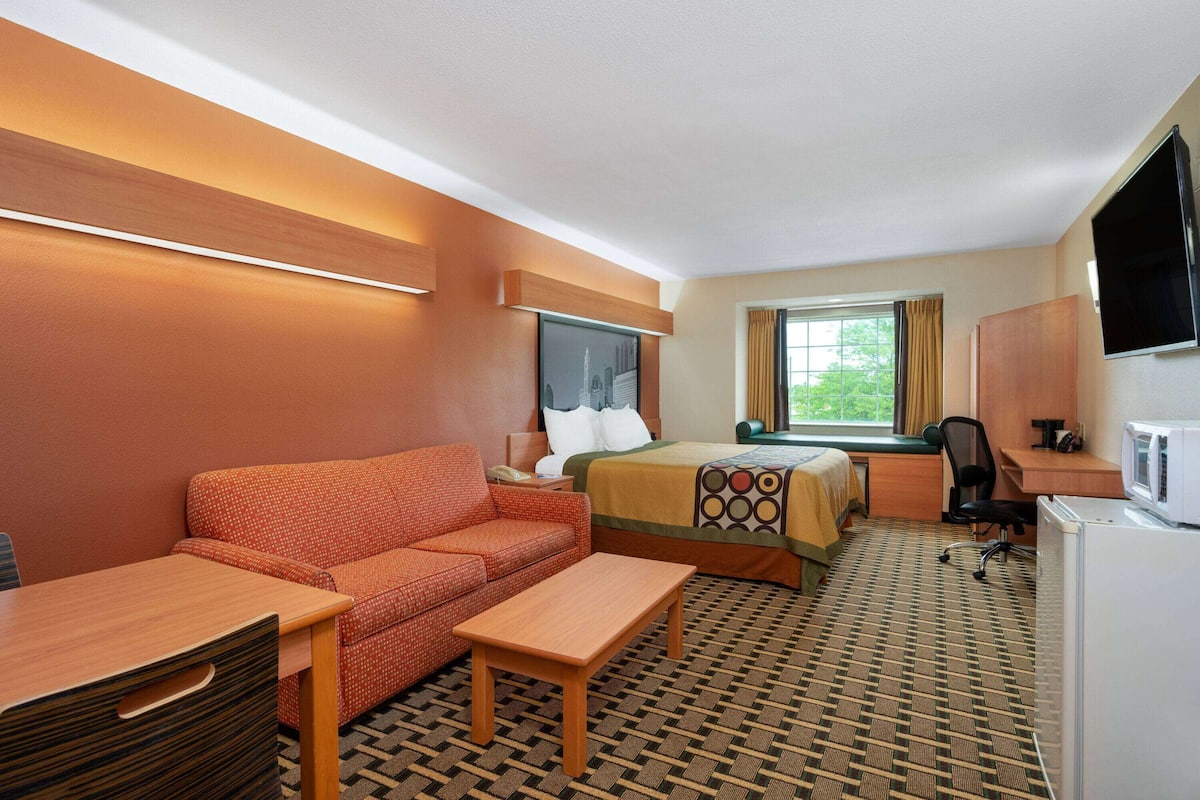 Una camera d'albergo con divano, letto, scrivania, sedia, televisore e frigorifero.