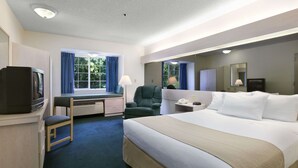 Habitación de hotel con cama, escritorio, silla, televisor y ventanas con cortinas.
