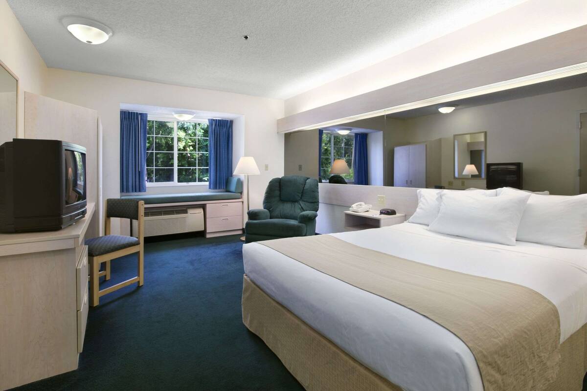 A hotel room with a bed, desk, chair, television, and windows with curtains.