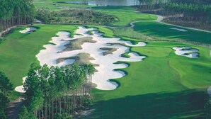 Un campo de golf con búnkeres de arena y árboles.