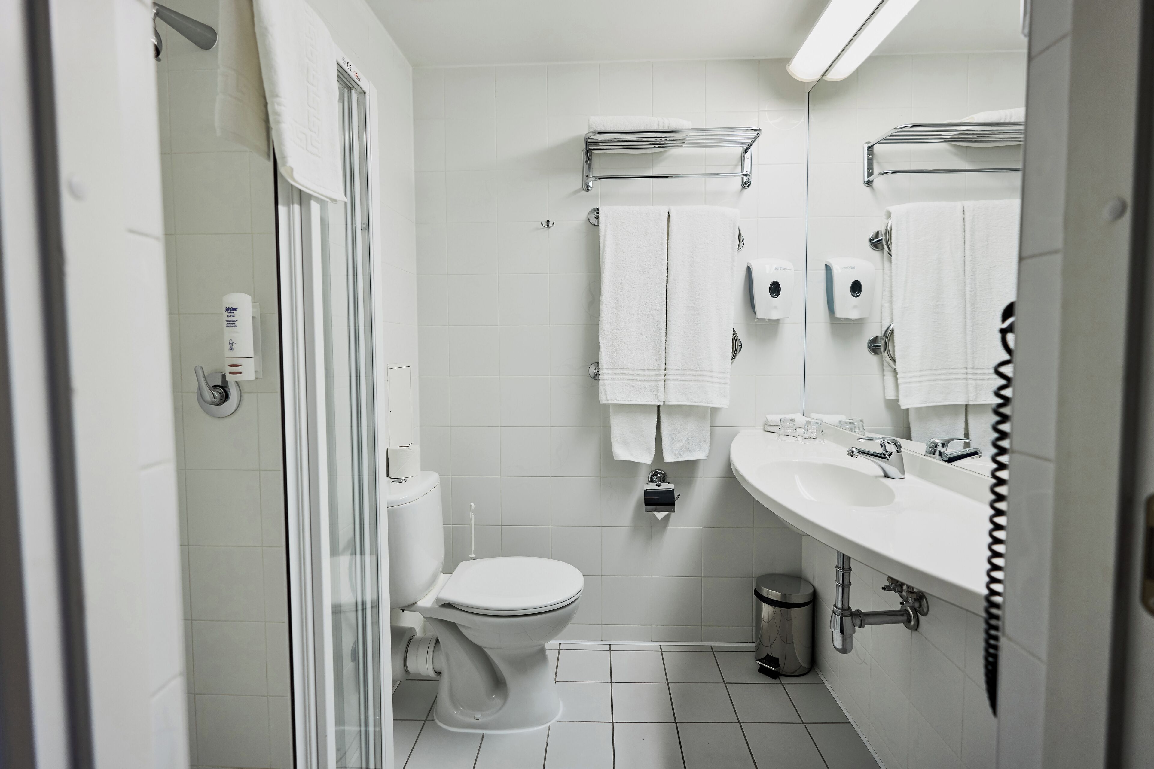 shower, free toiletries, hair dryer, towels