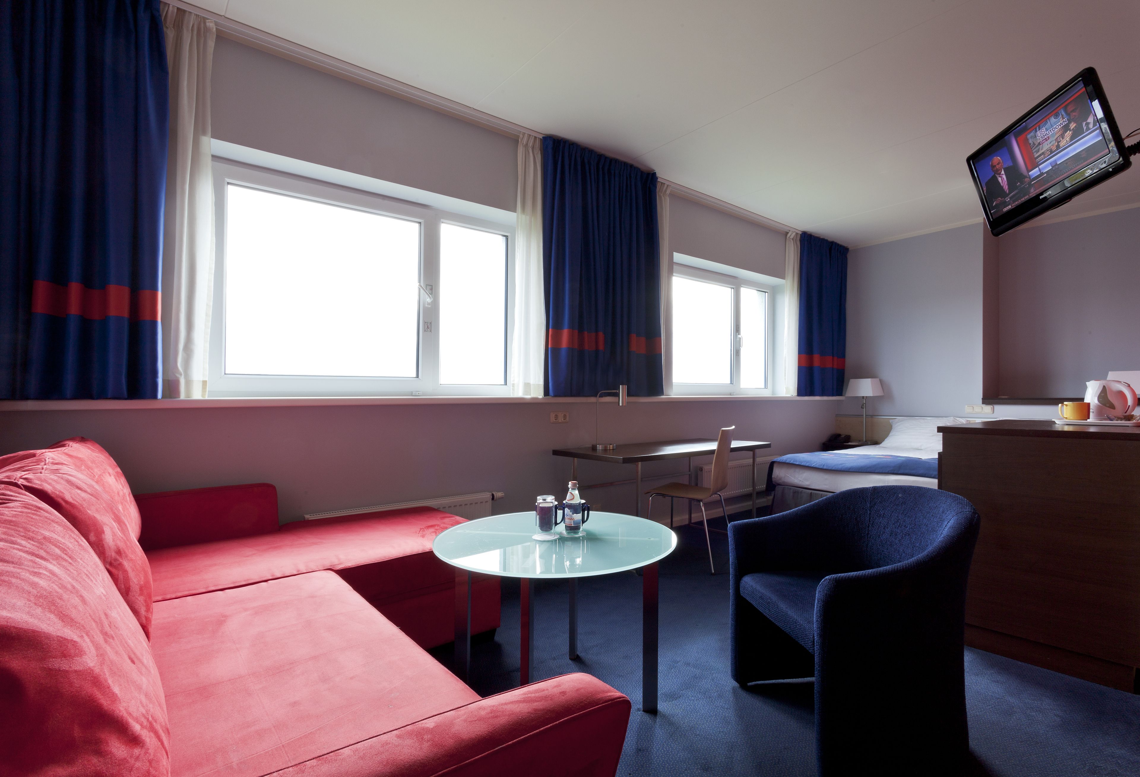 Desk, blackout drapes, soundproofing, iron/ironing board