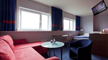 Desk, blackout curtains, soundproofing, iron/ironing board