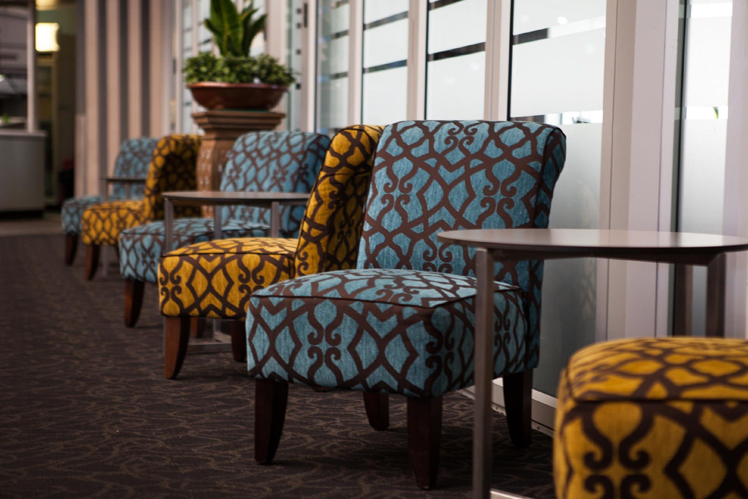 A row of patterned armchairs and ottomans in a hallway with a carpeted floor and a potted plant in the background.