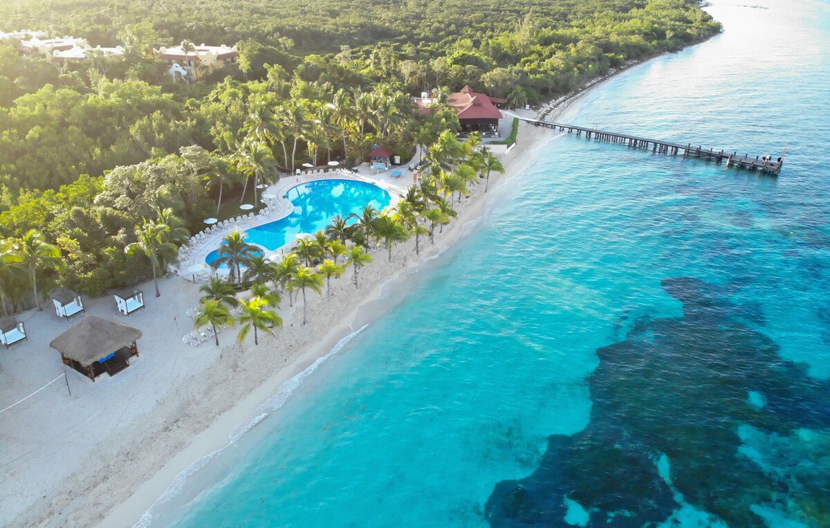 A breathtaking arial view of the pristine waters of the Caribbean sea and the pool at Occidental Cozumel.