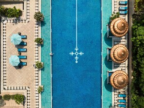 Outdoor pool, open 8:00 AM to 8:00 PM, pool umbrellas, sun loungers