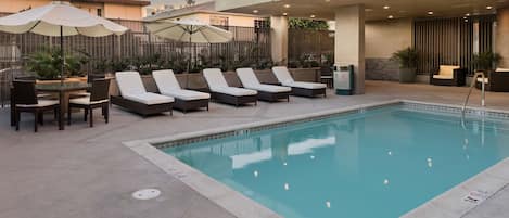 Outdoor pool, open 8:00 AM to 10:00 PM, pool umbrellas, pool loungers