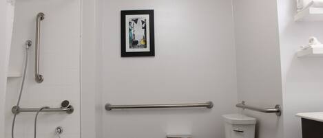 Un baño moderno con ducha, inodoro y barras de apoyo.