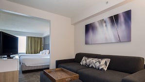 A hotel room with a bed, a sofa, a TV, and a painting on the wall. - SpringHill Suites by Marriott Charlotte Concord Mills Spdwy (Concord)
