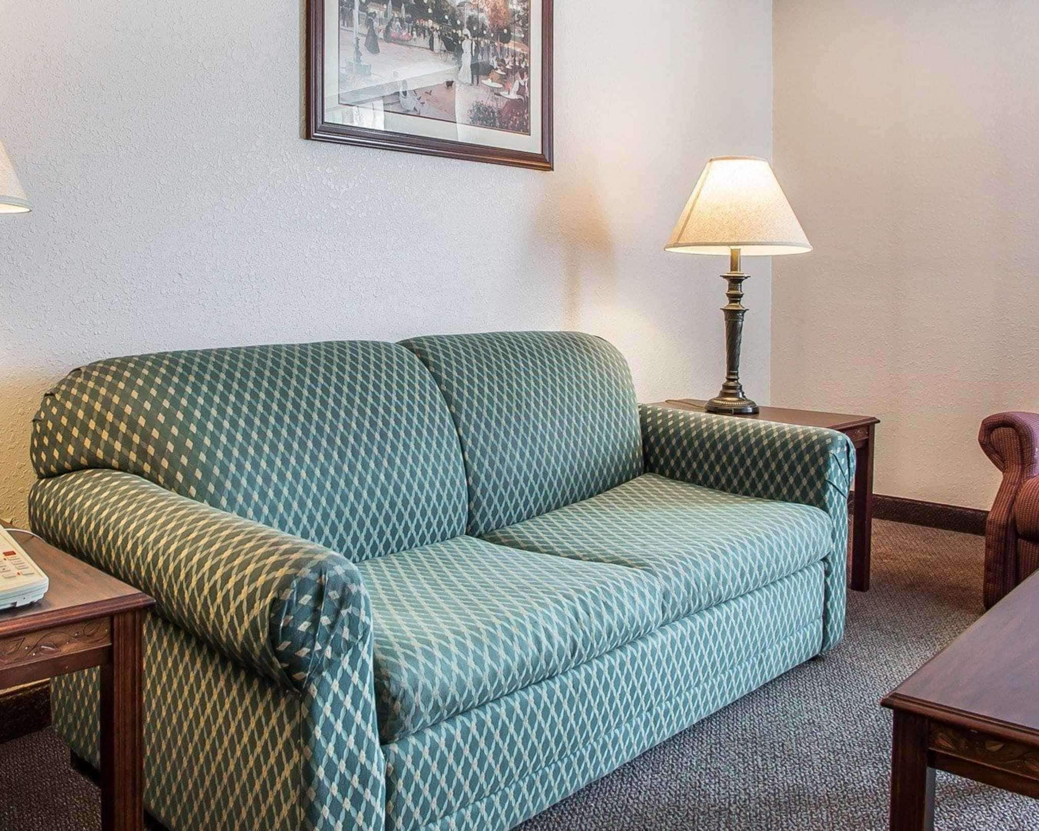 A green patterned sofa in a room with a lamp, a framed picture on the wall, and a small table.