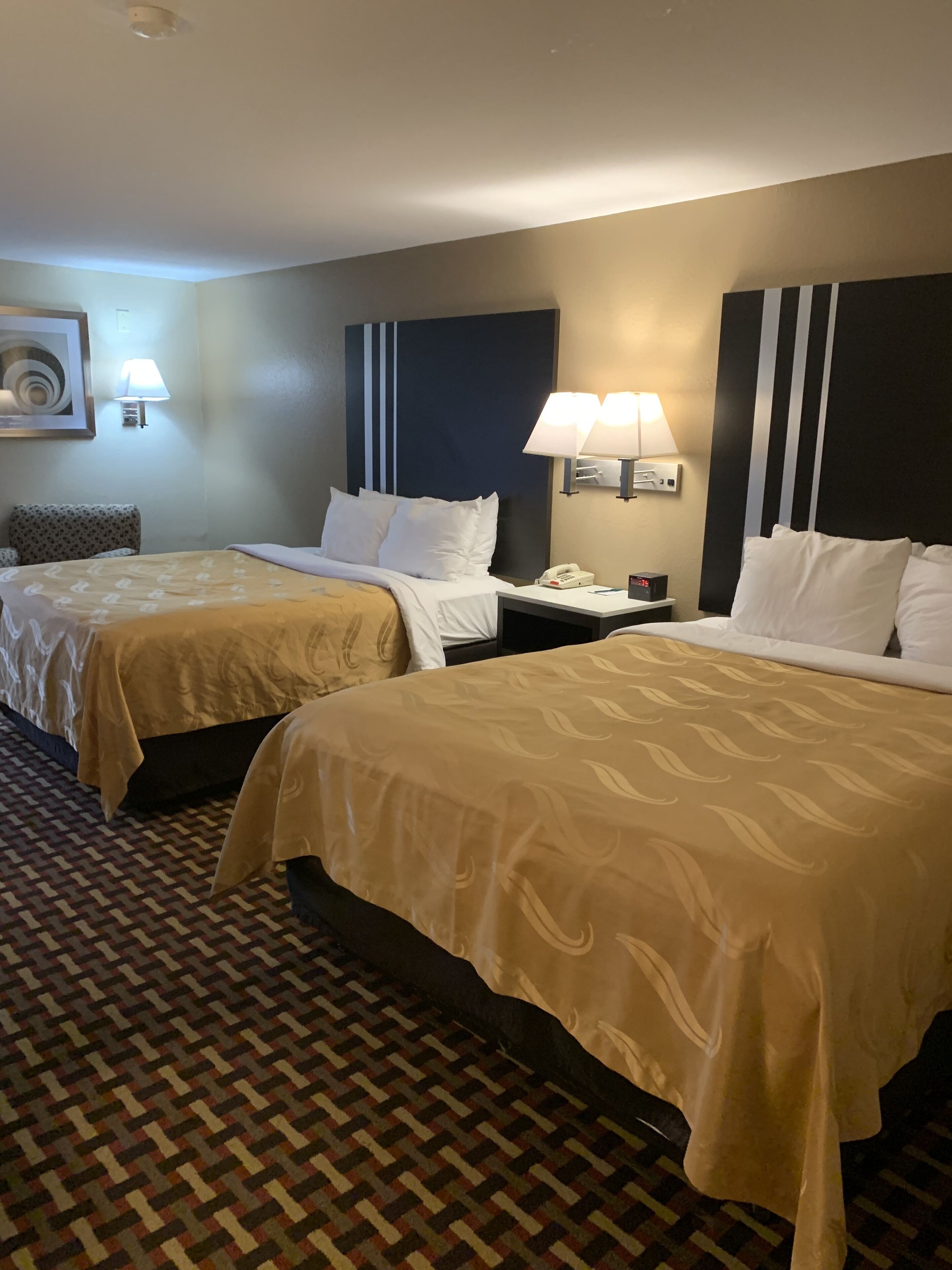 A hotel room with two beds, each with a headboard, a bedside table with a lamp, and a patterned carpet.