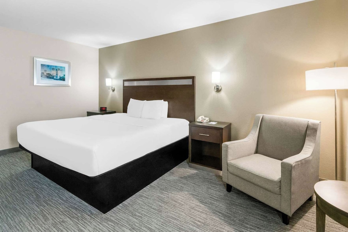 A hotel room with a large bed, a chair, a nightstand with a lamp, and a picture on the wall.