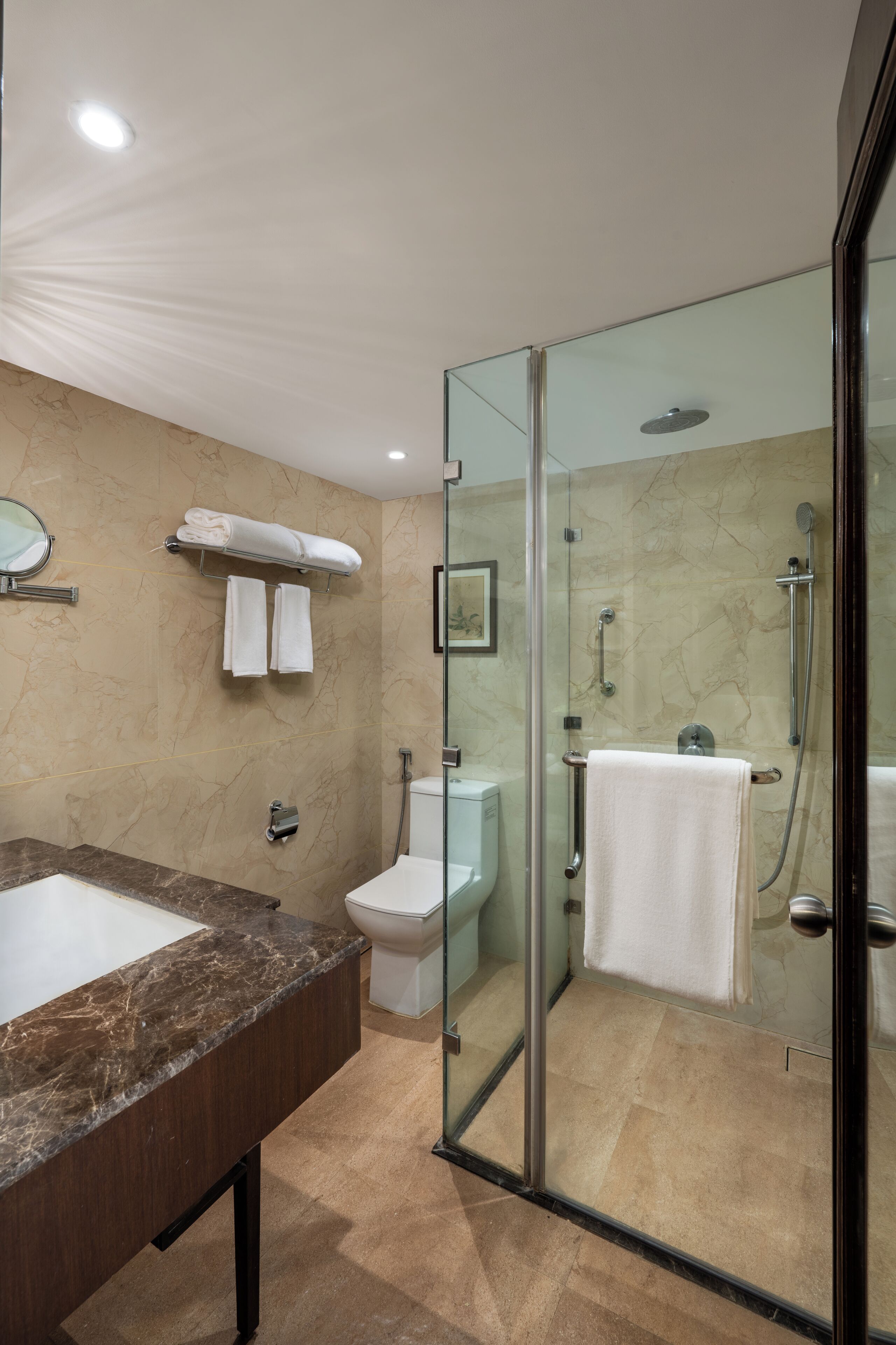 Een moderne badkamer met een douchecabine van glas, een marmeren wastafel en een toilet.