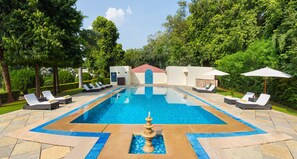 Outdoor pool, pool umbrellas, pool loungers